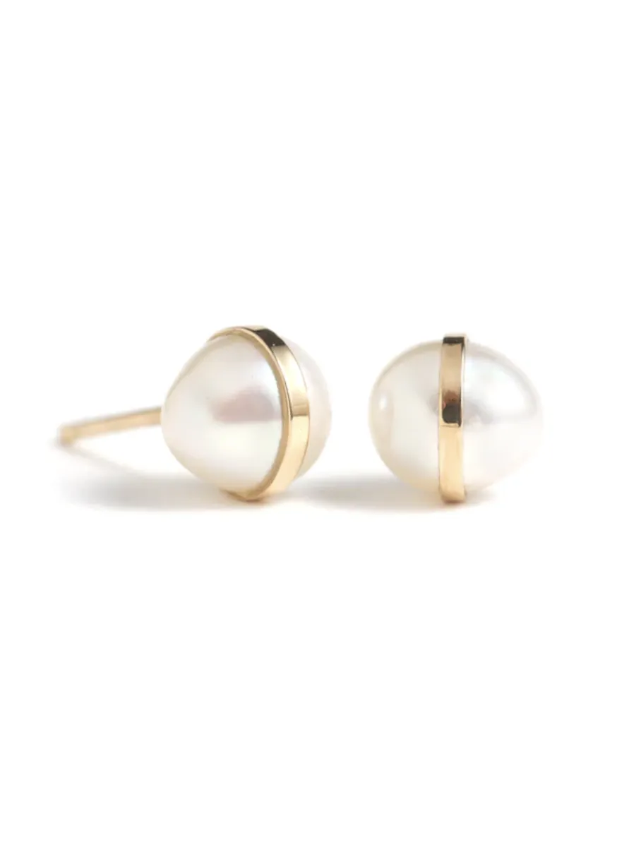 14k Gold Bezel Wrapped Pearl Earrings