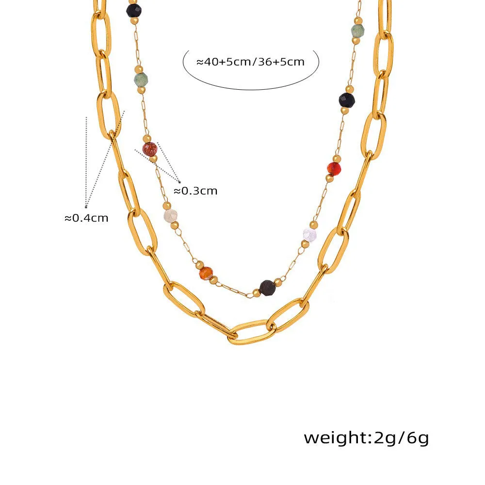 18K gold simple and elegant style stacked necklace with gemstone design