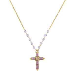 1928 Jewelry Amethyst Moonstone Cross Pendant & Tanzanite Glass Bead Necklace 28"