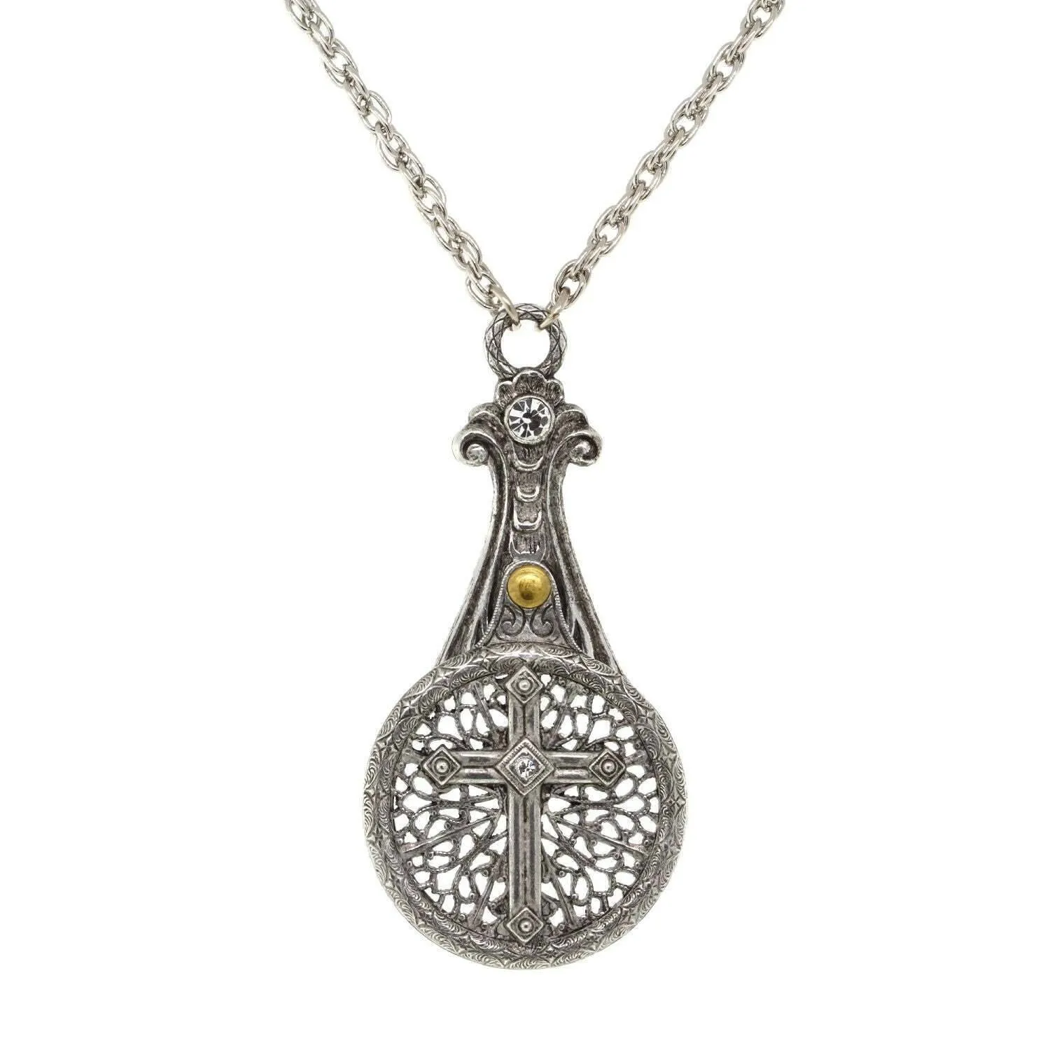 1928 Jewelry Medi Cross Filigree Sliding Magnifying Glass Crystal Necklace 30" - Magnification Power: 2X