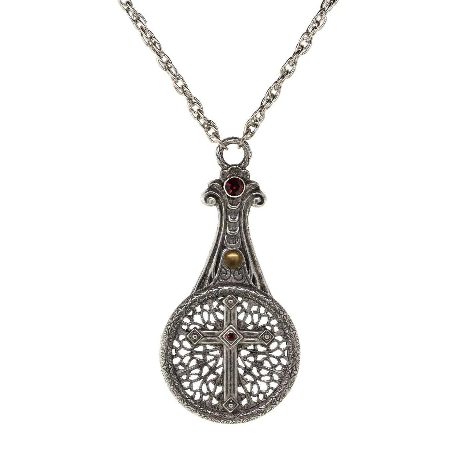 1928 Jewelry Medi Cross Filigree Sliding Magnifying Glass Crystal Necklace 30" - Magnification Power: 2X