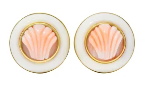 1990s Vintage Coral 14 Karat Gold Circular Shell Earrings