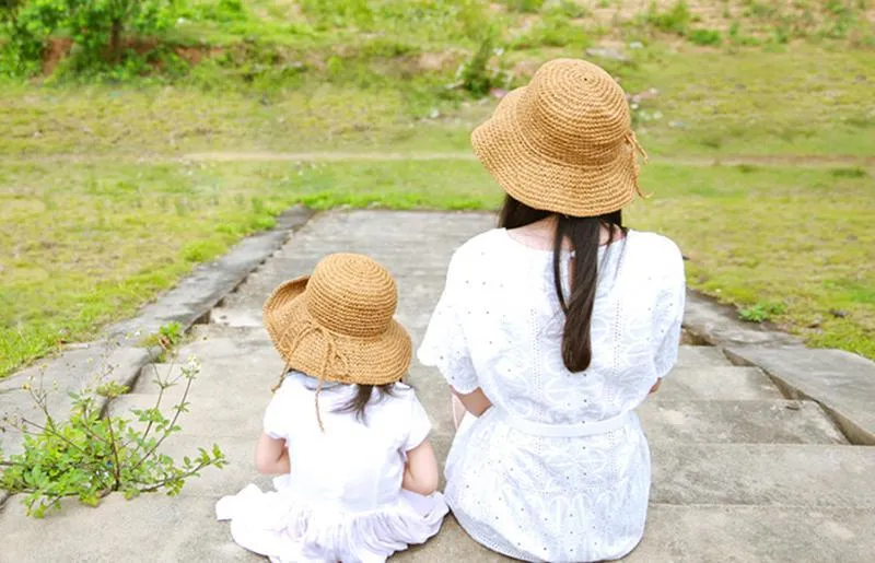 2019 New Girls Hand Made Sun Hat, Raffia Straw Foldable Parent-child Hat