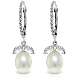 9 Carat 14K Solid White Gold Leverback Earrings Aquamarine Pearl