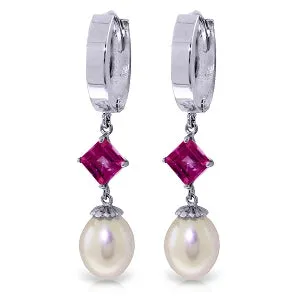 9.5 Carat 14K Solid White Gold Hoop Earrings Natural Pearl Pink Topaz