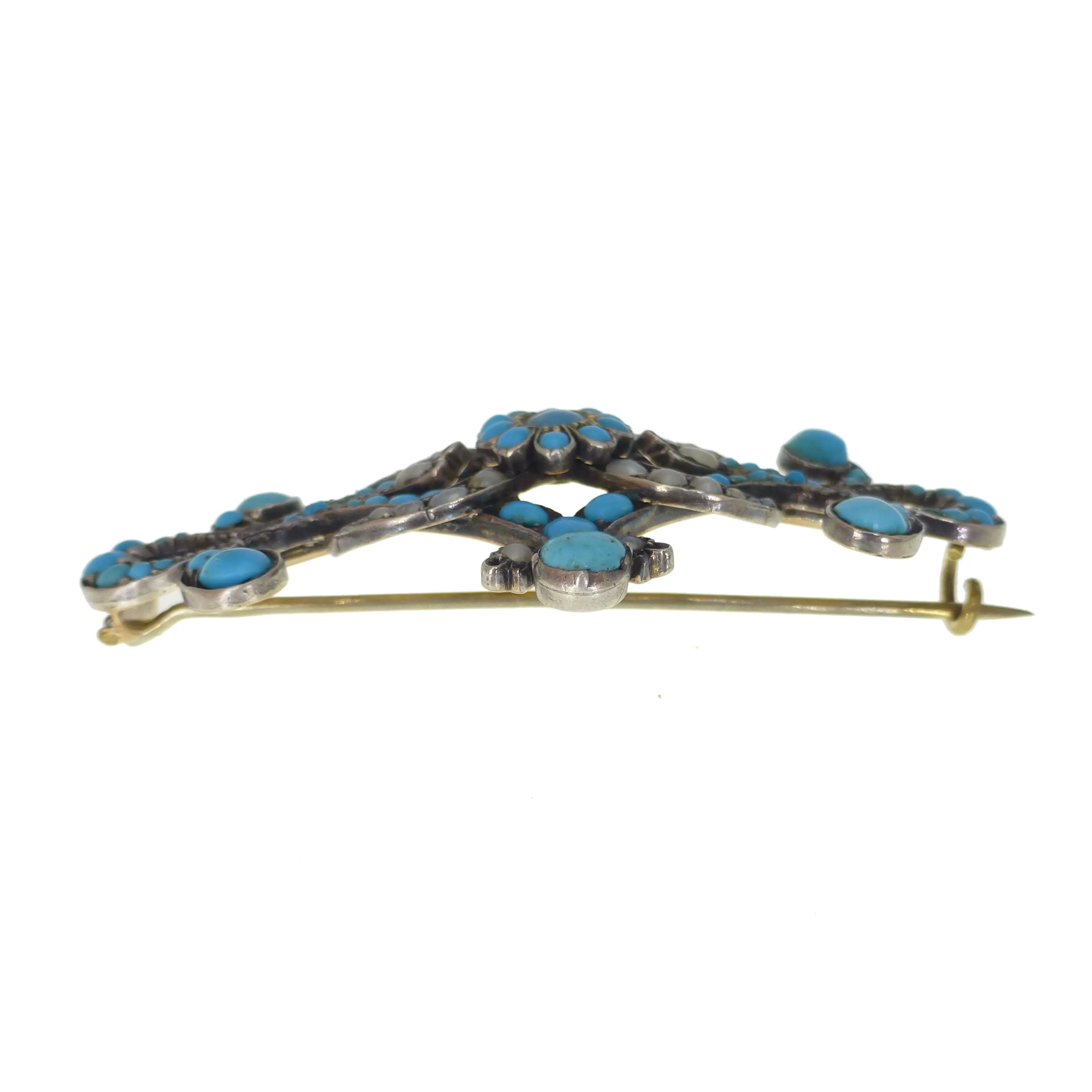 Antique Silver Turquoise & Pearl Gold Brooch