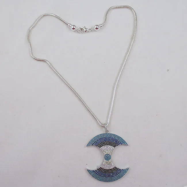 Aqua Cut Out Circle Multi-stone Pendant of  Silver Chain Necklace