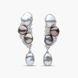 Baroque 18K Gold Keshi Mix Pearl and Diamond Drop Earrings