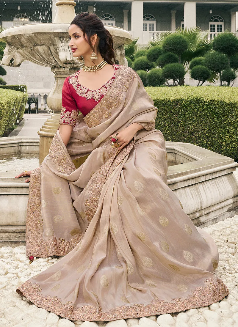 Beige And Red Multi Embroidery Tissue Silk Saree