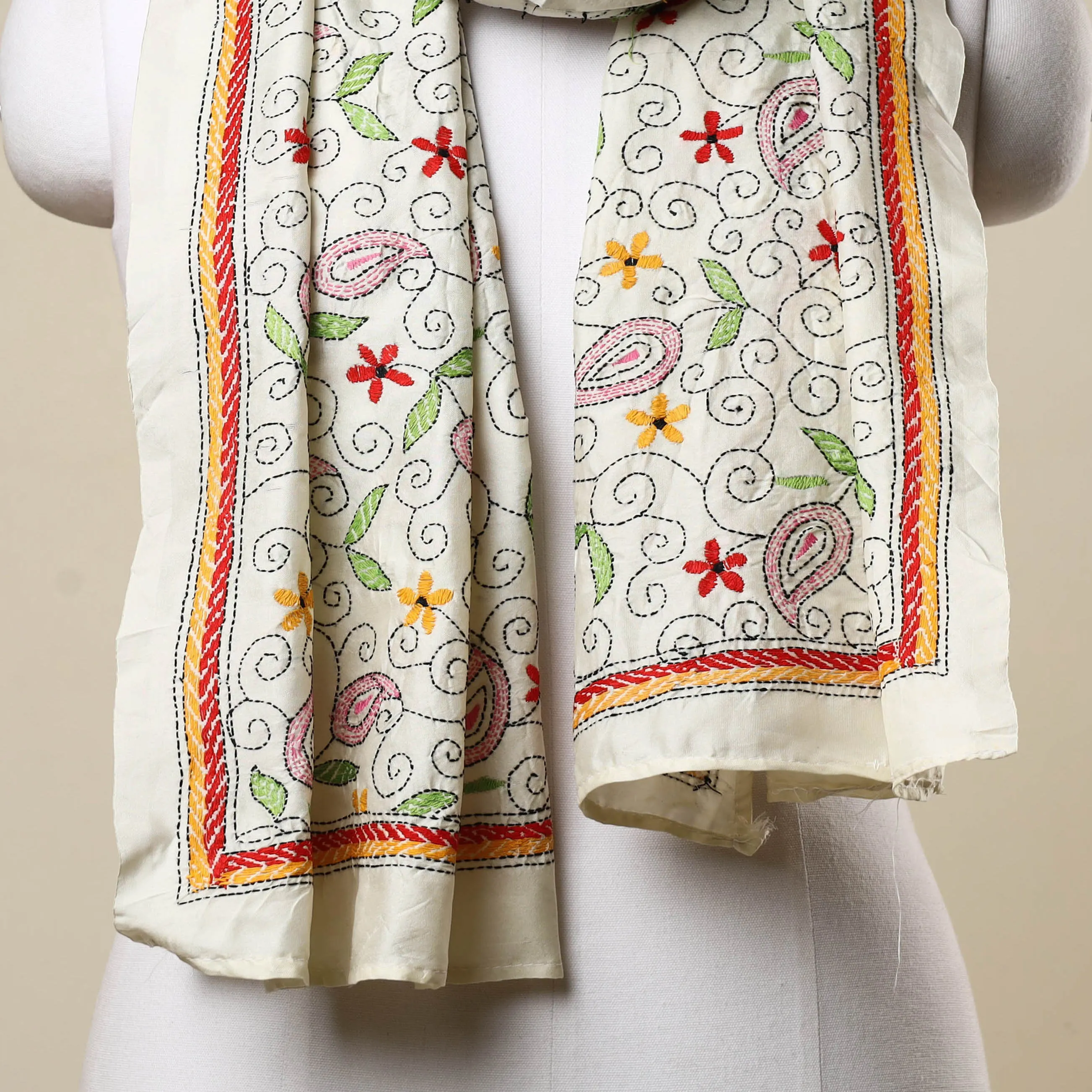 Beige - Bengal Kantha Embroidery Tussar Silk Handloom Stole