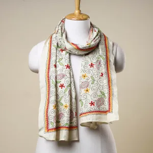 Beige - Bengal Kantha Embroidery Tussar Silk Handloom Stole