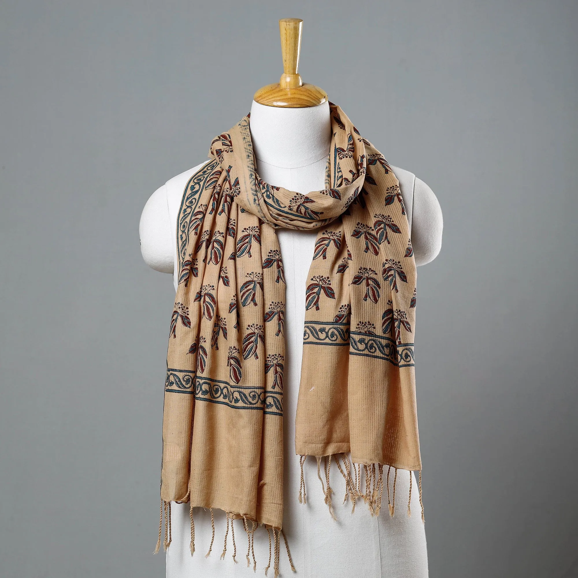 Beige - Mangalagiri Handloom Block Printed Cotton Stole with Tassels