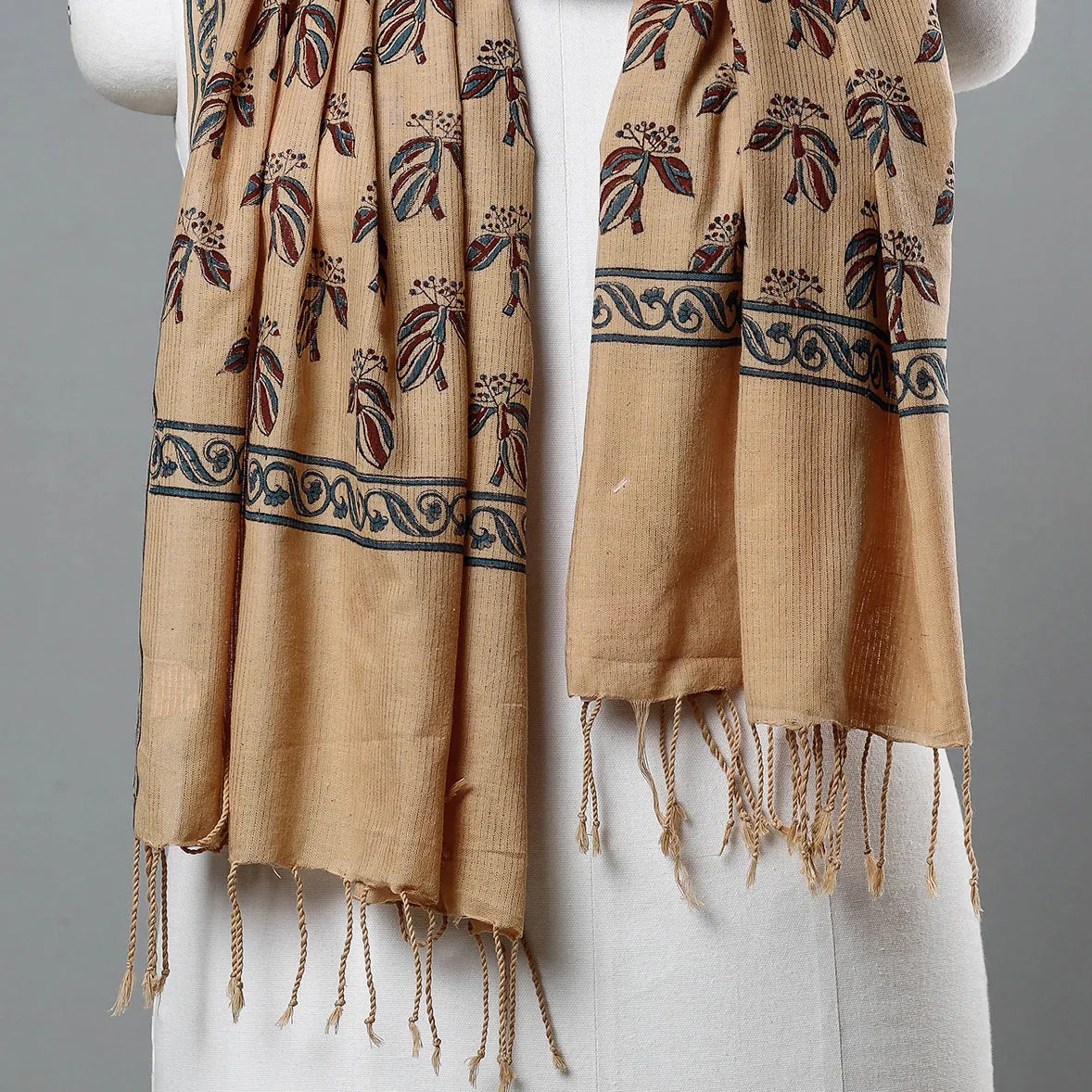 Beige - Mangalagiri Handloom Block Printed Cotton Stole with Tassels