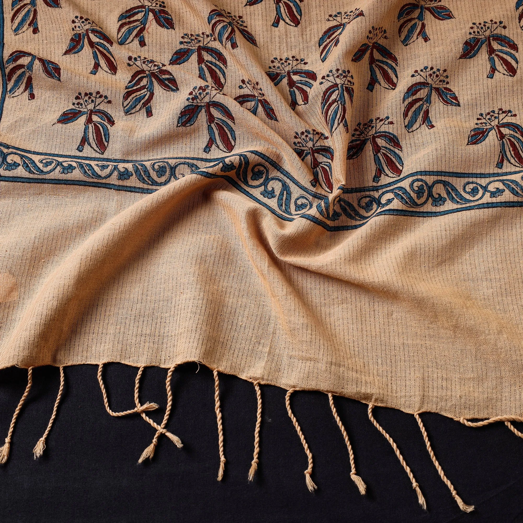 Beige - Mangalagiri Handloom Block Printed Cotton Stole with Tassels