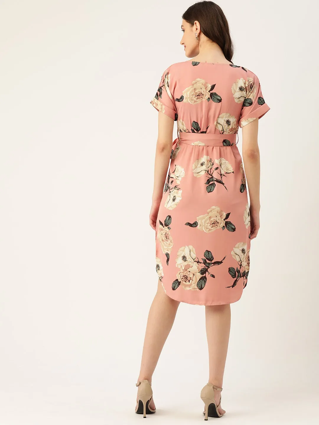 Berrylush Women Pink & Green Floral Printed Shirt Collar Neck Waist Tie-Up Crepe Side-Slited A-Line Midi Dress