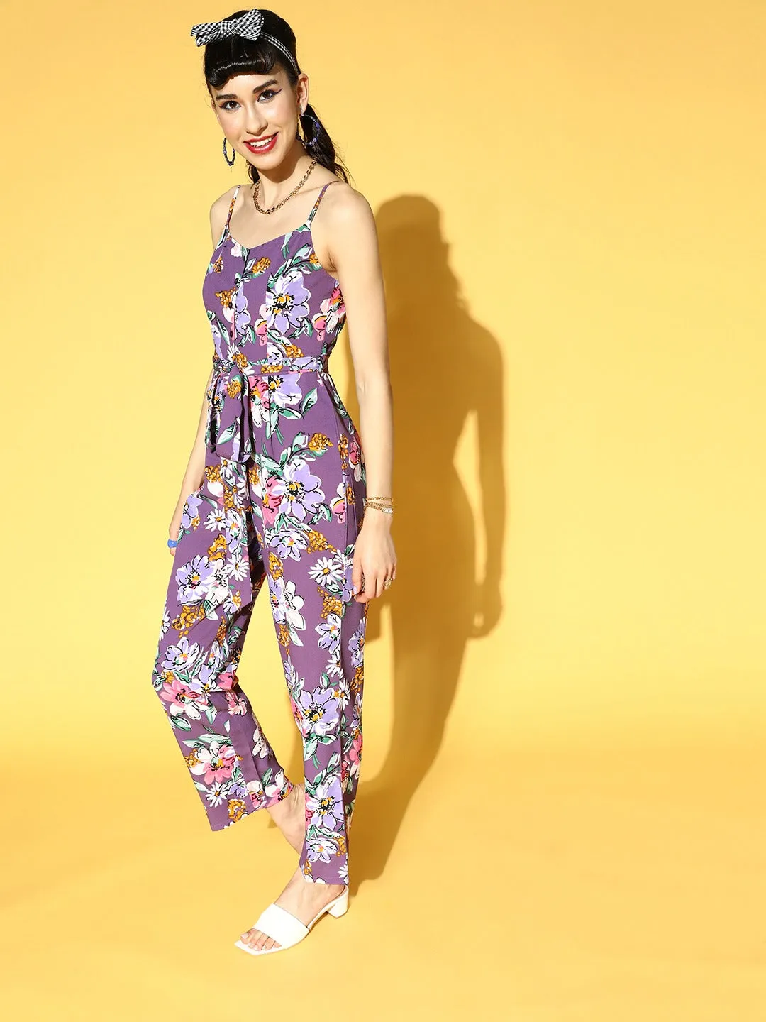 Berrylush Women Purple & Pink Floral Printed V-Neck Waist Tie-Up Style Back Basic Jumpsuit