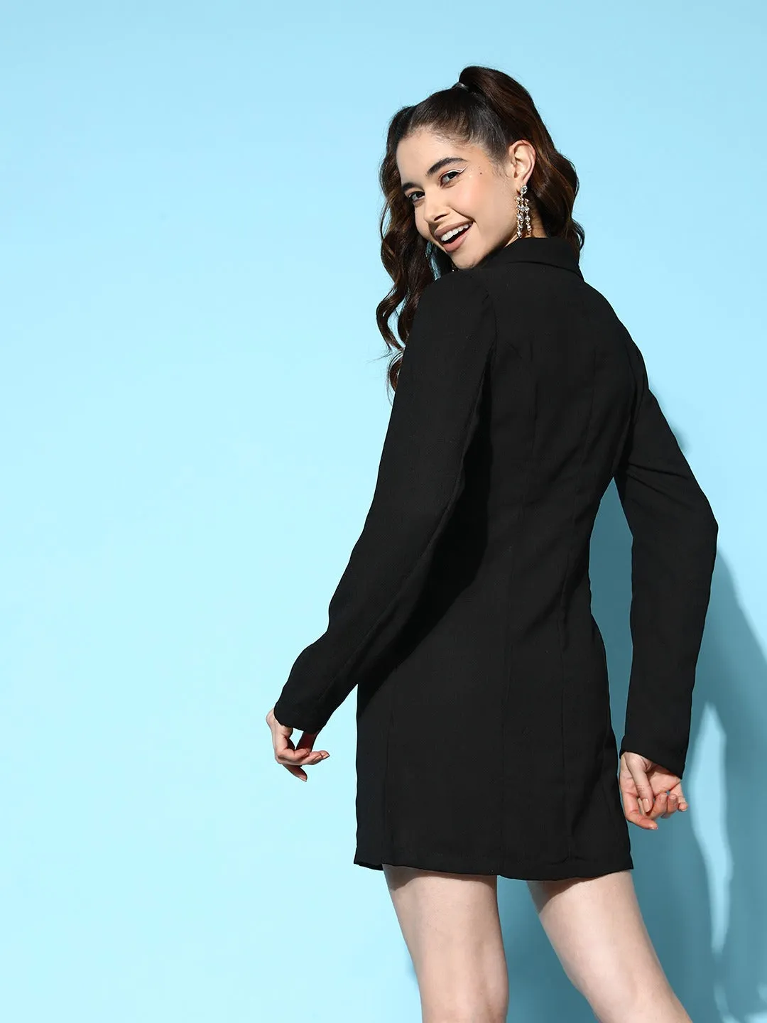 Berrylush Women Solid Black V-Neck Crepe Button-Up Straight Hem Mini Blazer Dress