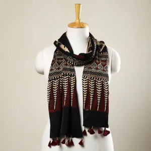 Black - Ajrakh Block Printed Modal Silk Stole with Tassels