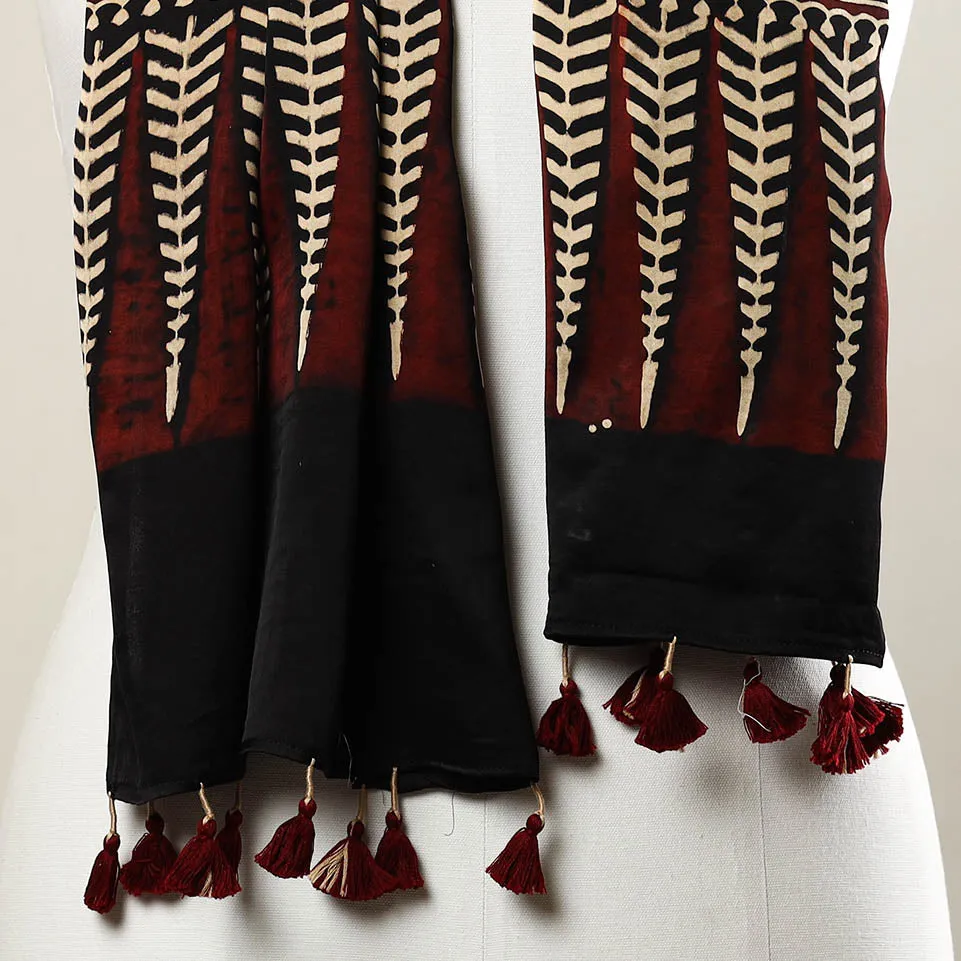 Black - Ajrakh Block Printed Modal Silk Stole with Tassels