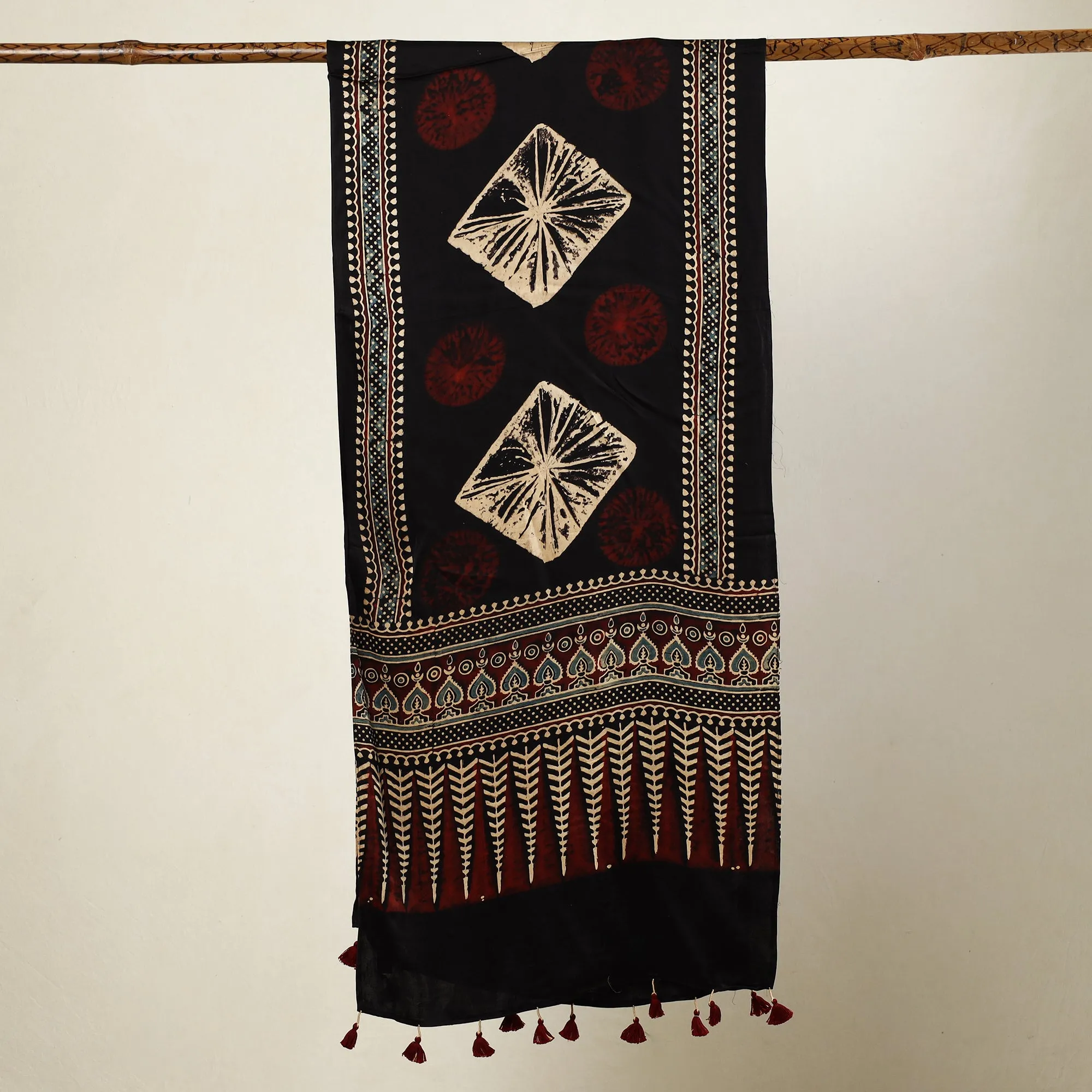 Black - Ajrakh Block Printed Modal Silk Stole with Tassels