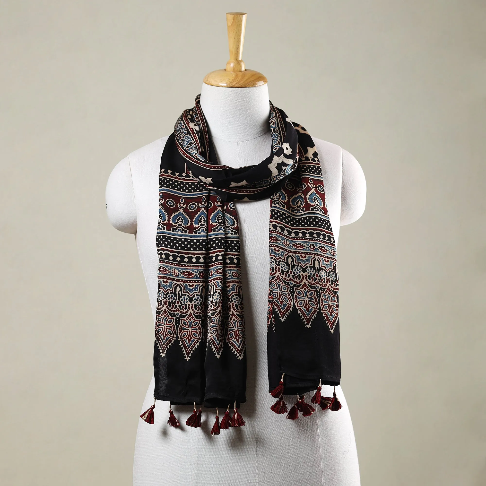 Black - Ajrakh Hand Block Printed Modal Silk Stole with Tassels