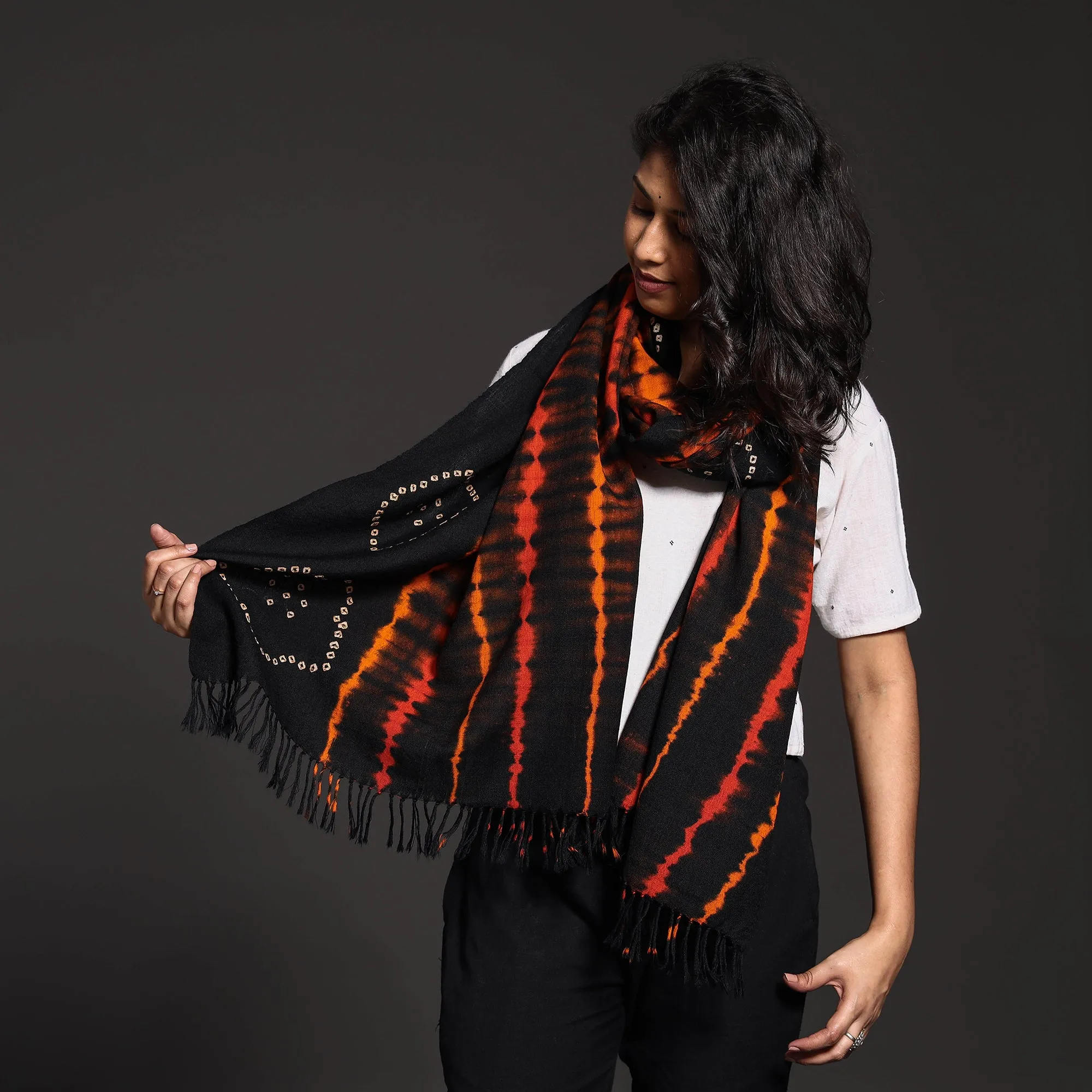 Black - Handwoven Tie-Dye Merino Wool Shibori & Bandhani stole