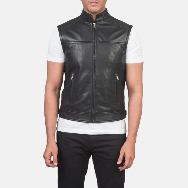 Black Leather Motorcycle Vest For Men