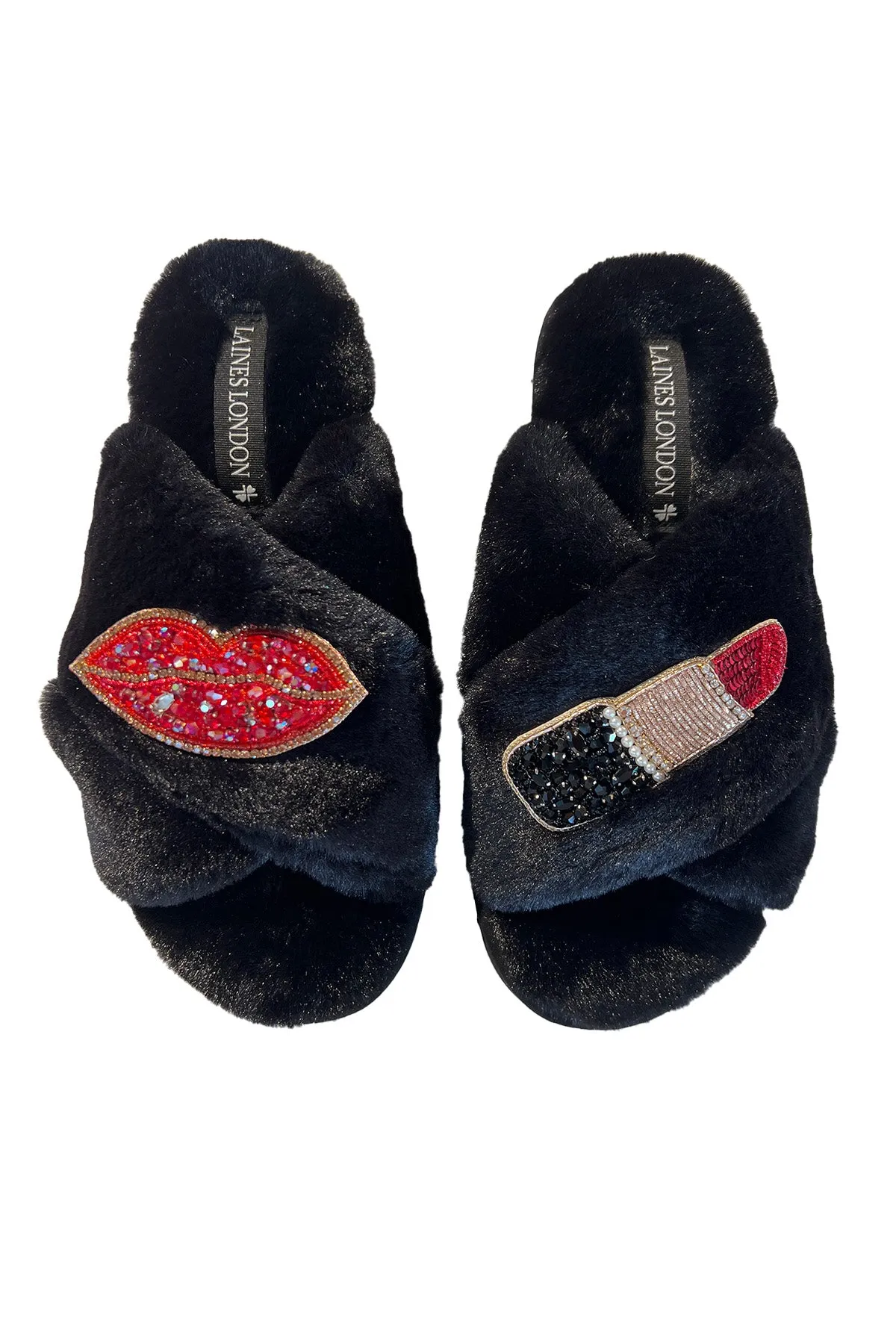 Black Slippers with Red Lipstick and Lips - last pair size S