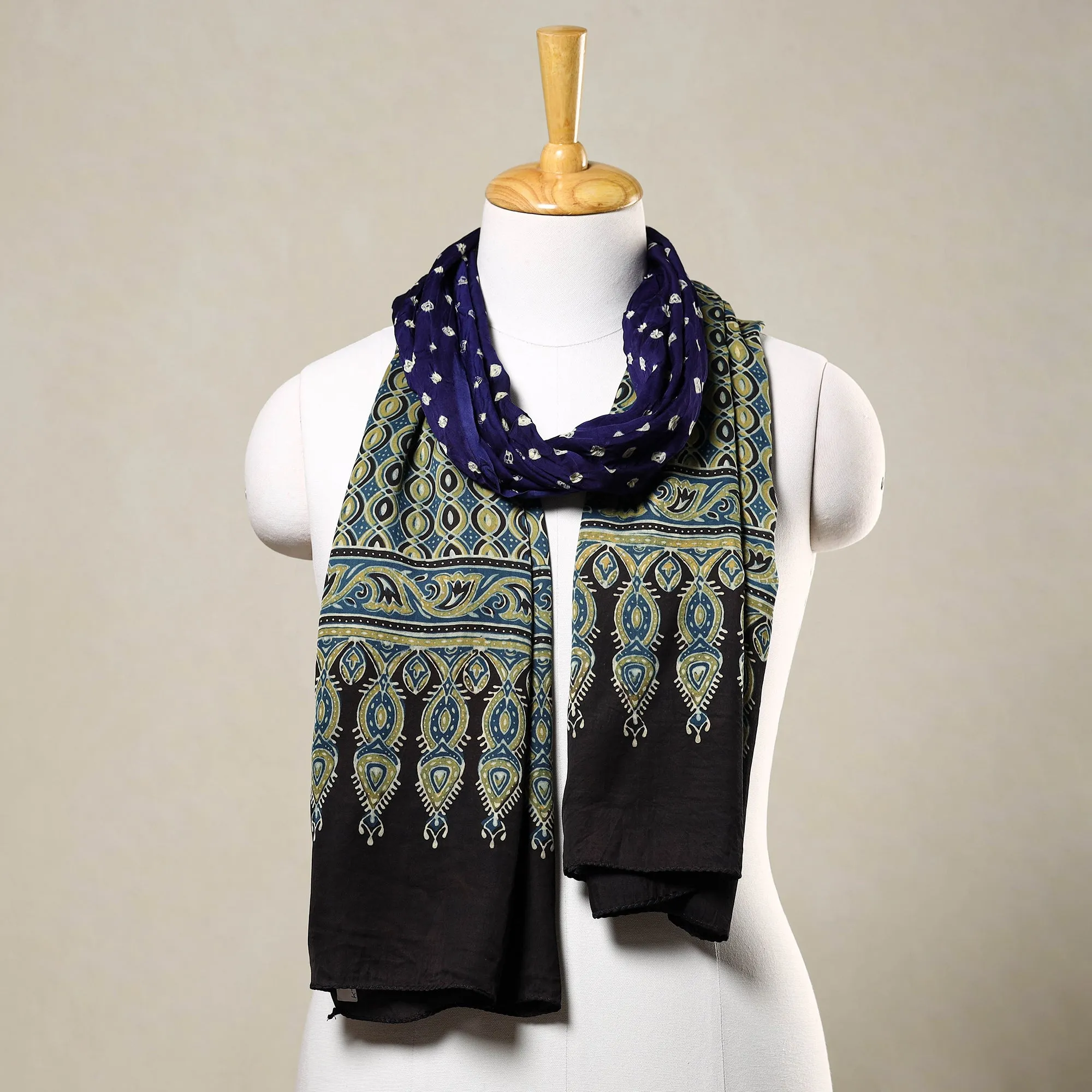 Blue - Kutch Bandhani Tie-Dye Ajrakh Block Printed Modal Silk Stole