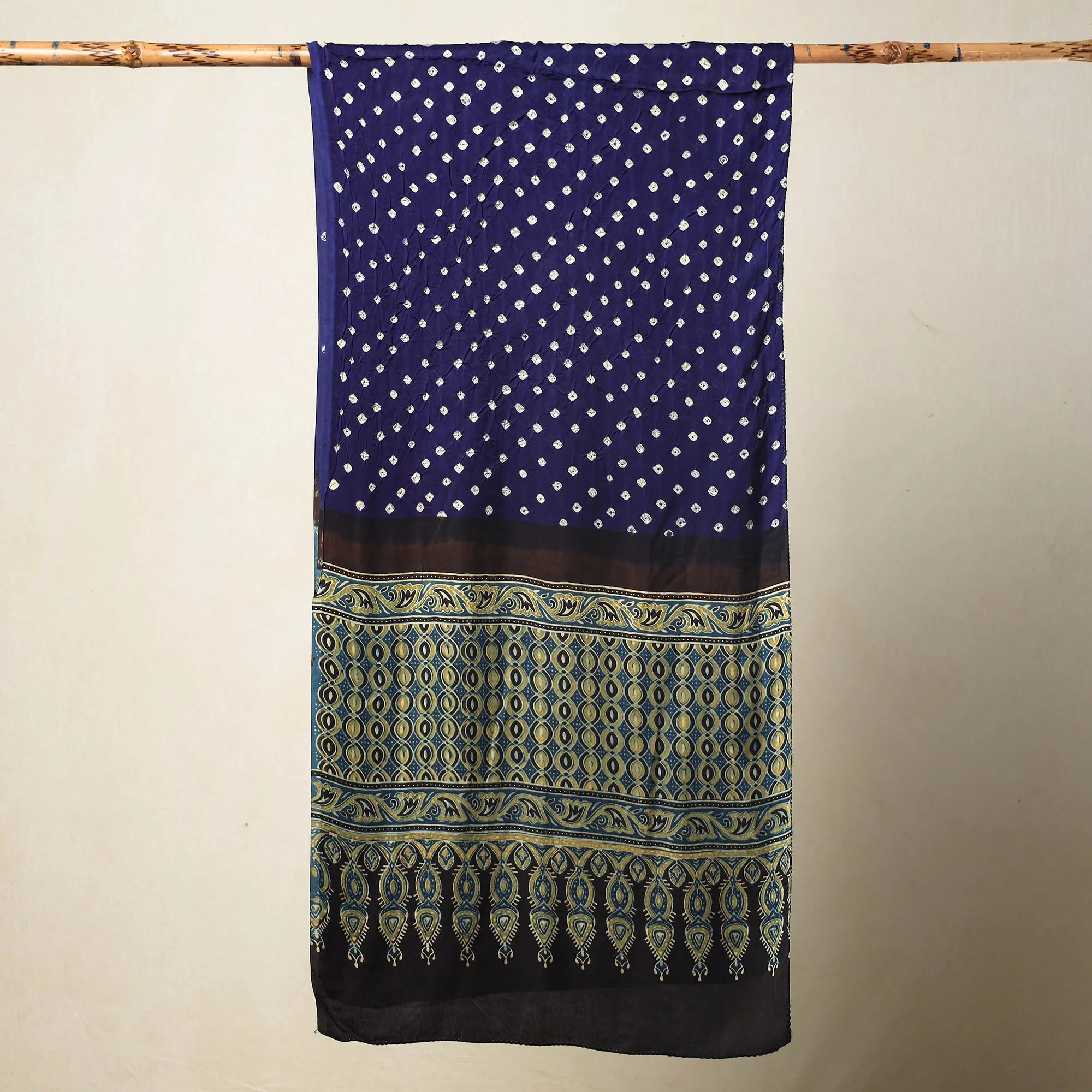 Blue - Kutch Bandhani Tie-Dye Ajrakh Block Printed Modal Silk Stole