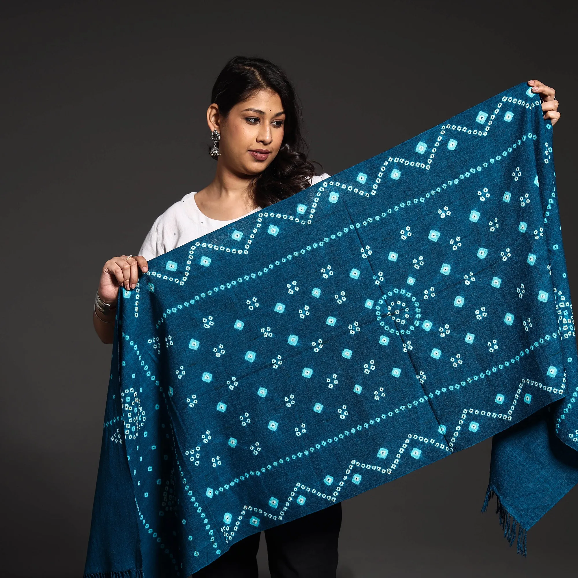 Blue - Kutch Handwoven Bandhani Bagida Pure Merino Wool Stole