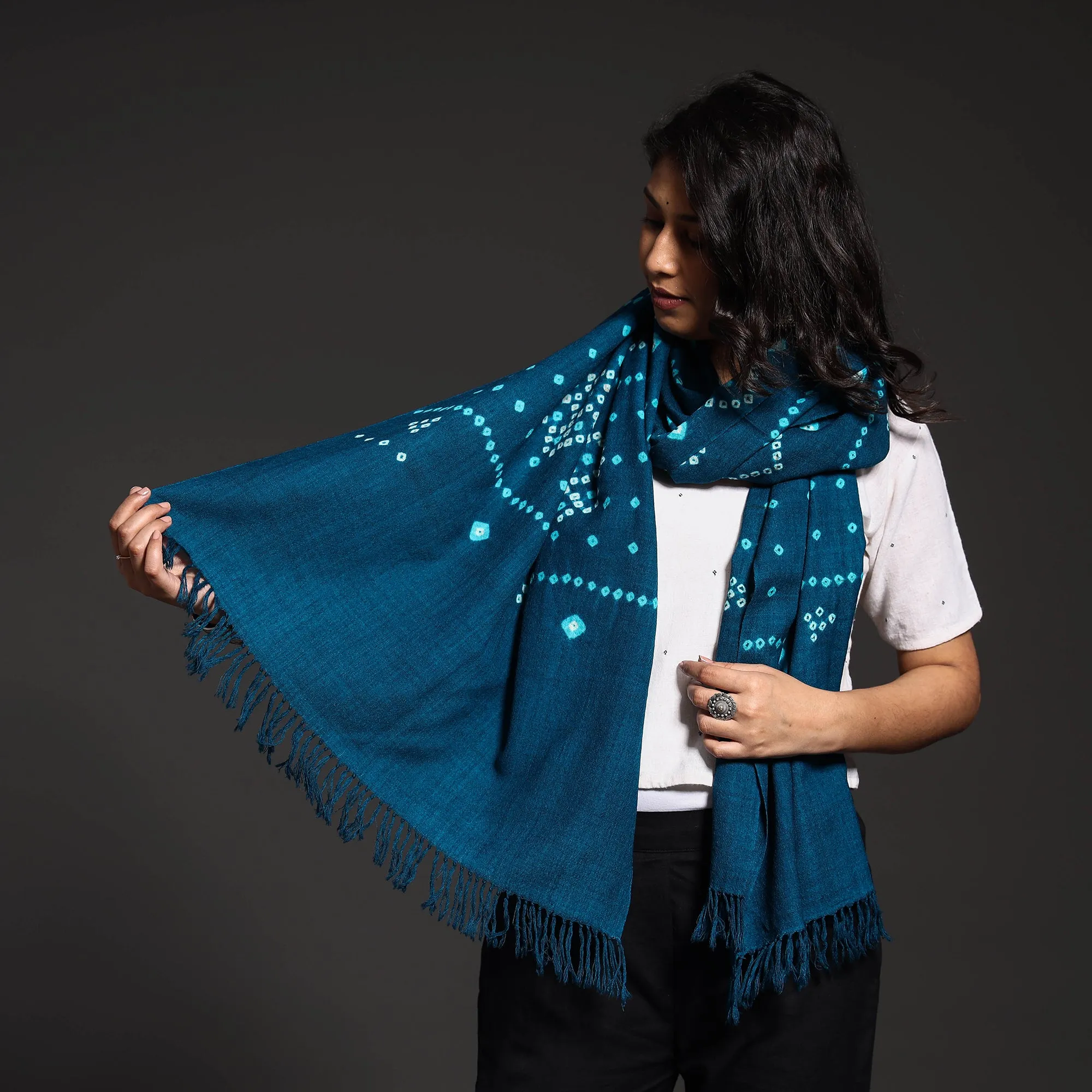 Blue - Kutch Handwoven Bandhani Bagida Pure Merino Wool Stole