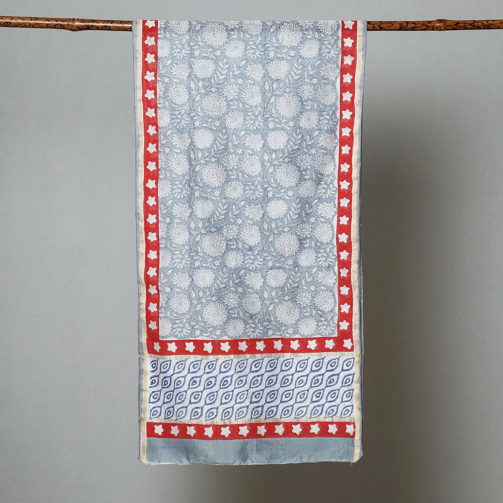 Blue - Sanganeri Block Printed Chanderi Silk Handloom Stole with Zari Border