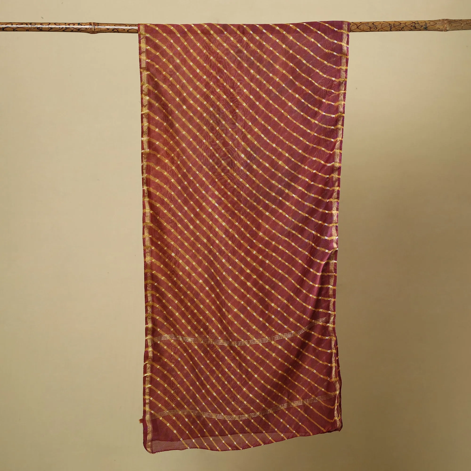 Brown - Leheriya Tie-Dye Mothra Chanderi Silk Handloom Stole with Zari Border 32