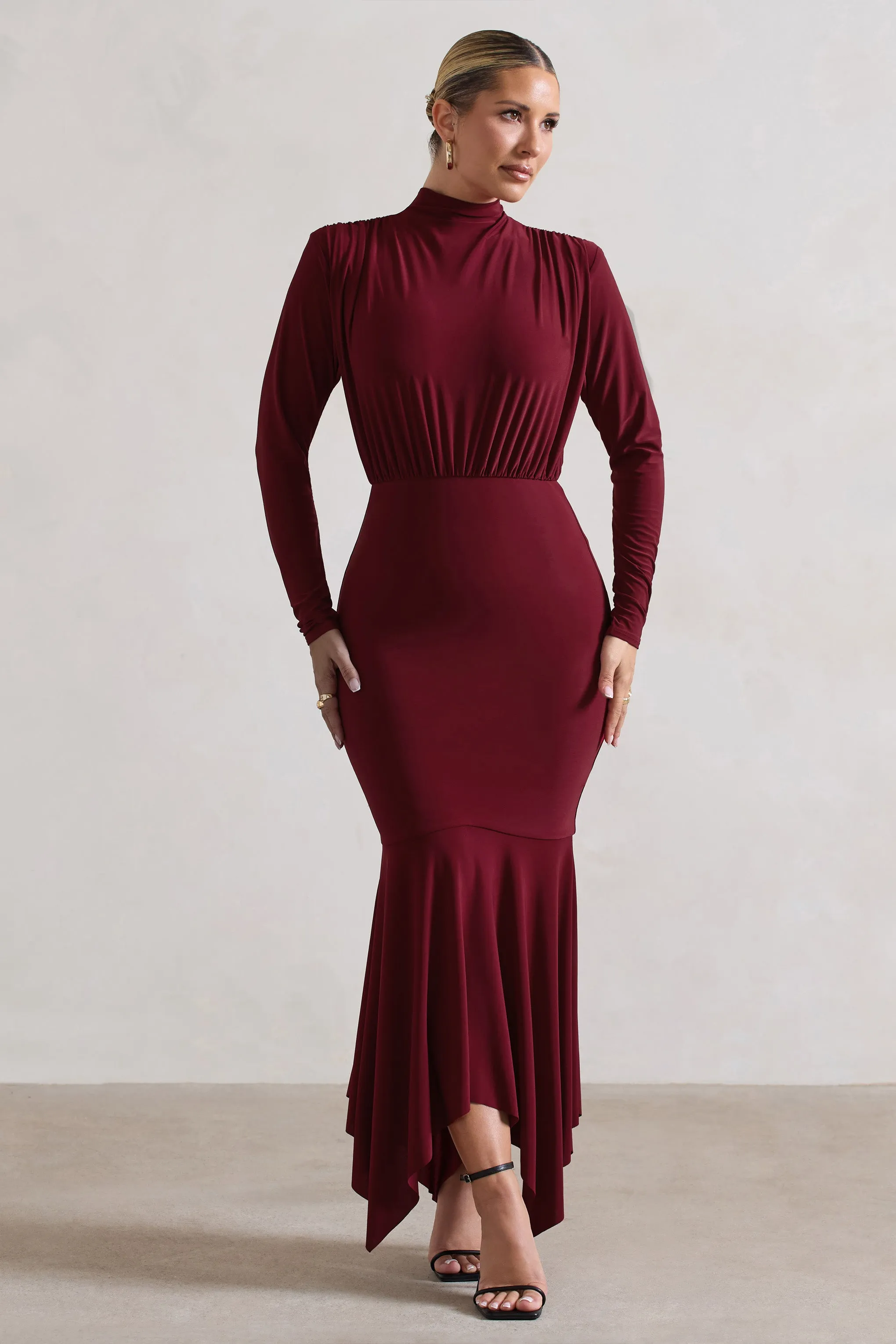 Carla | Berry High-Neck Maxi Dress With Draped Hem