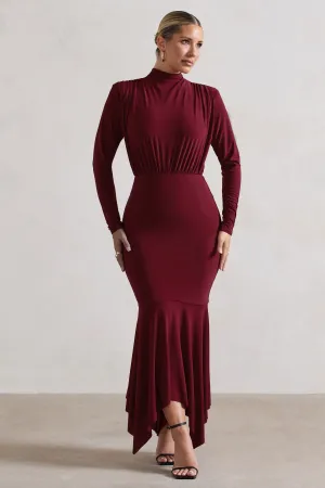 Carla | Berry High-Neck Maxi Dress With Draped Hem