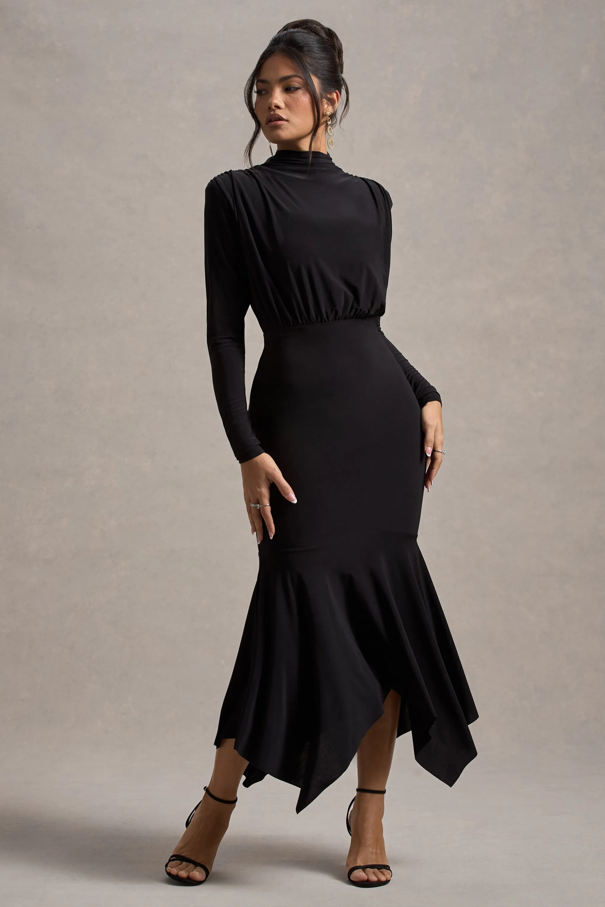 Carla | Black High-Neck Maxi Dress With Draped Hem