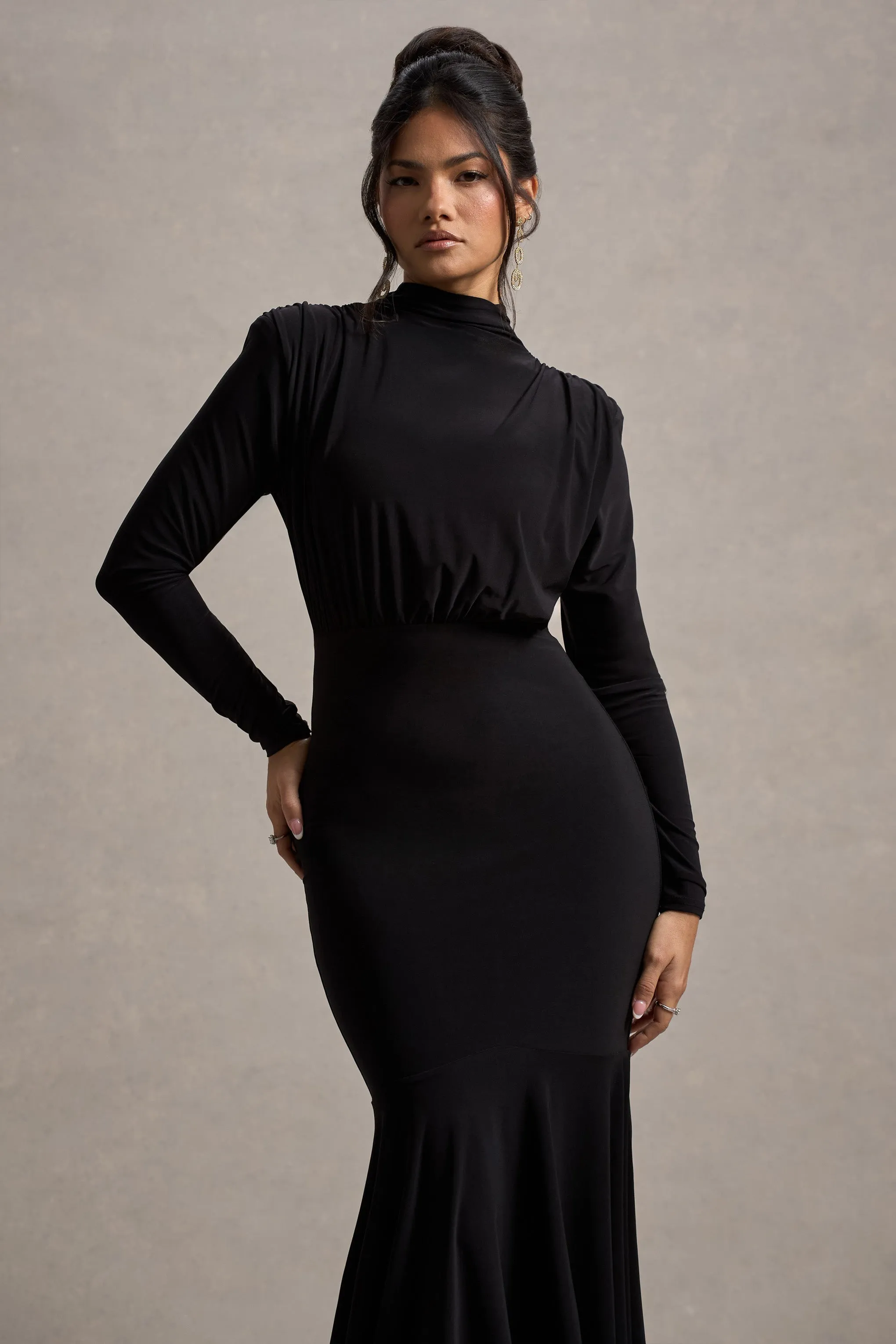 Carla | Black High-Neck Maxi Dress With Draped Hem