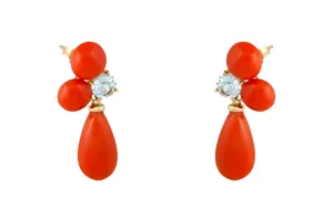 Earrings 18kt Gold Drop Corals & Aquamarines