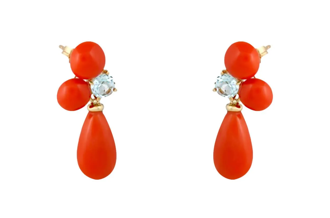 Earrings 18kt Gold Drop Corals & Aquamarines