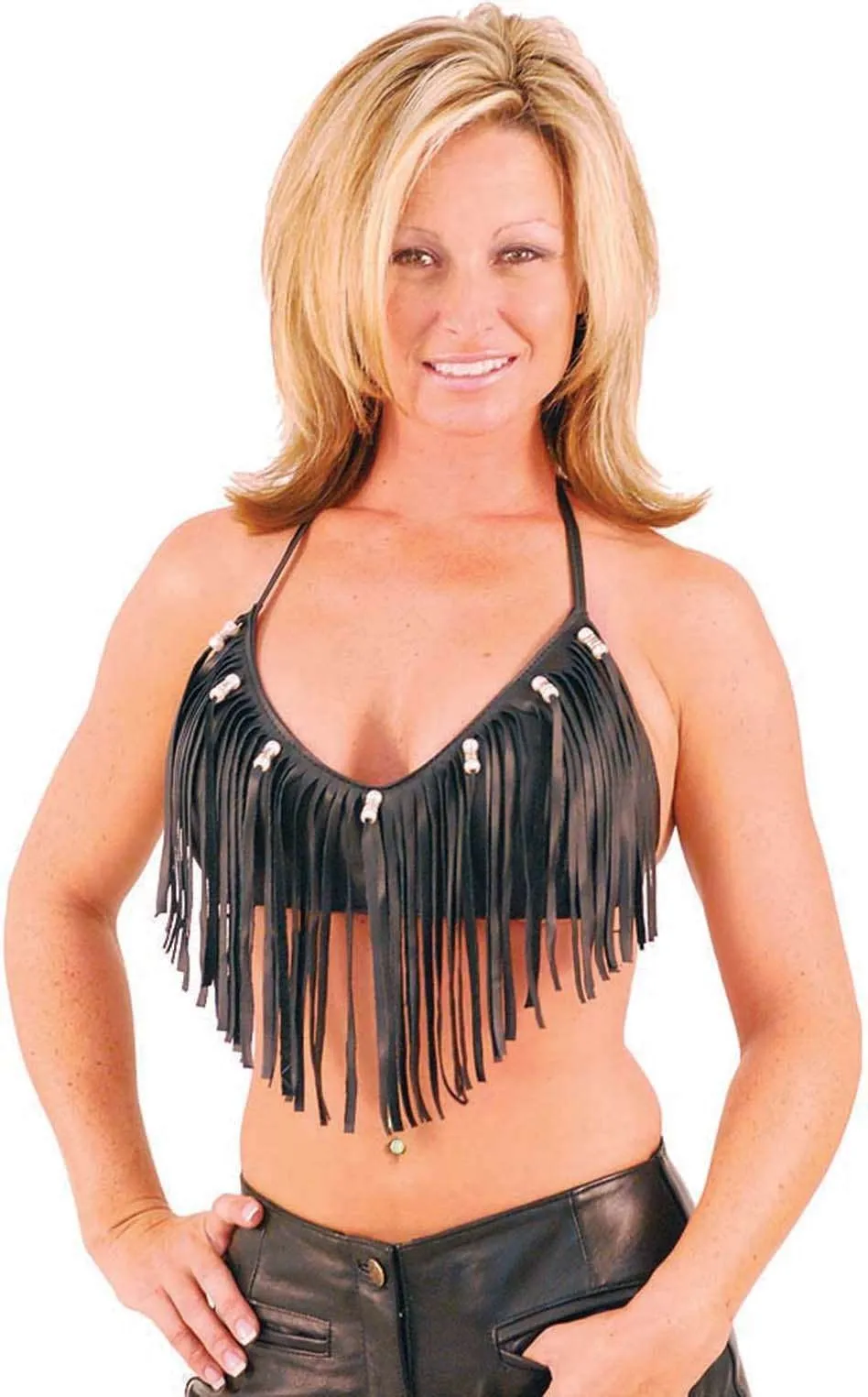 Fringe & Bead Leather Halter #LH9073FBK