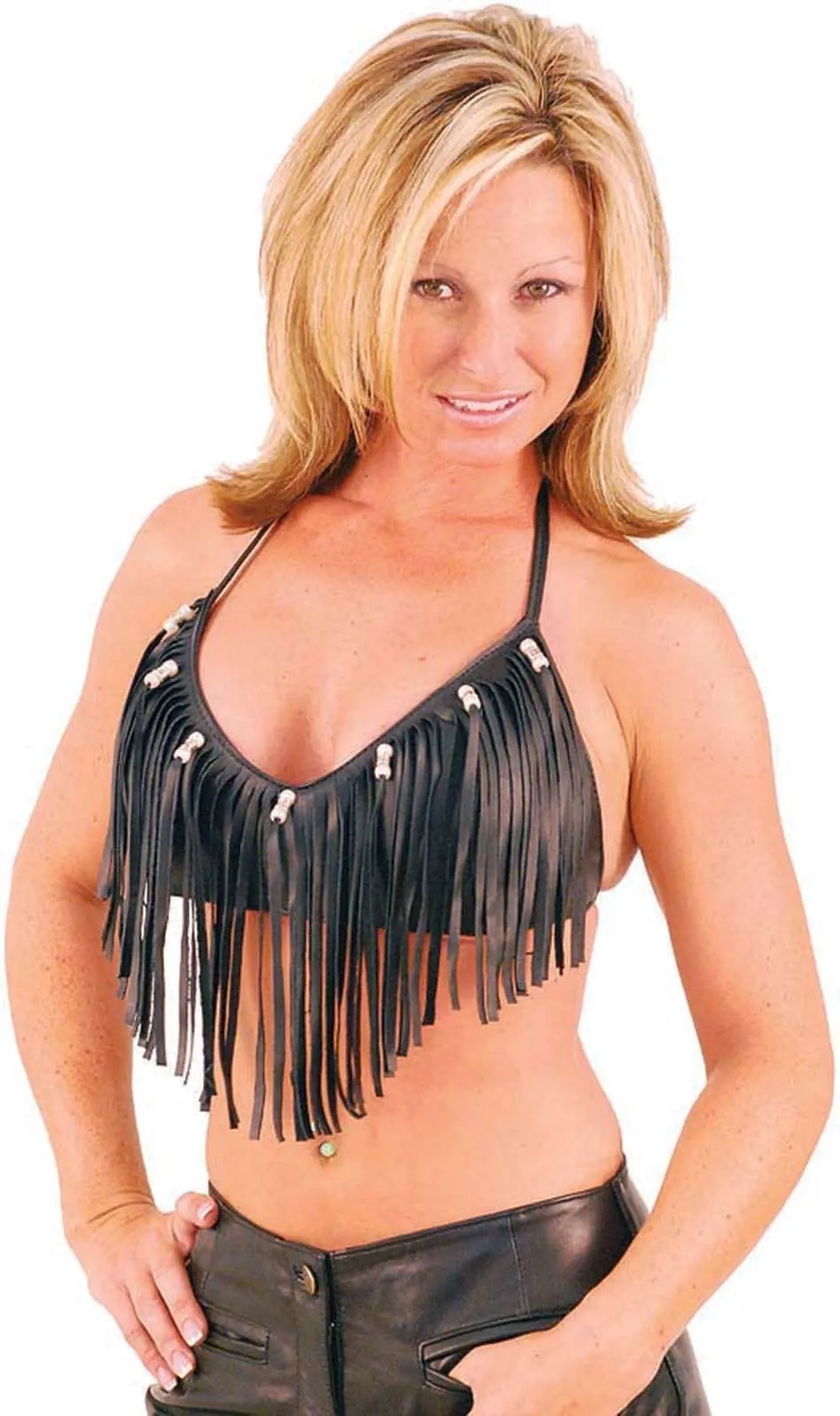 Fringe & Bead Leather Halter #LH9073FBK