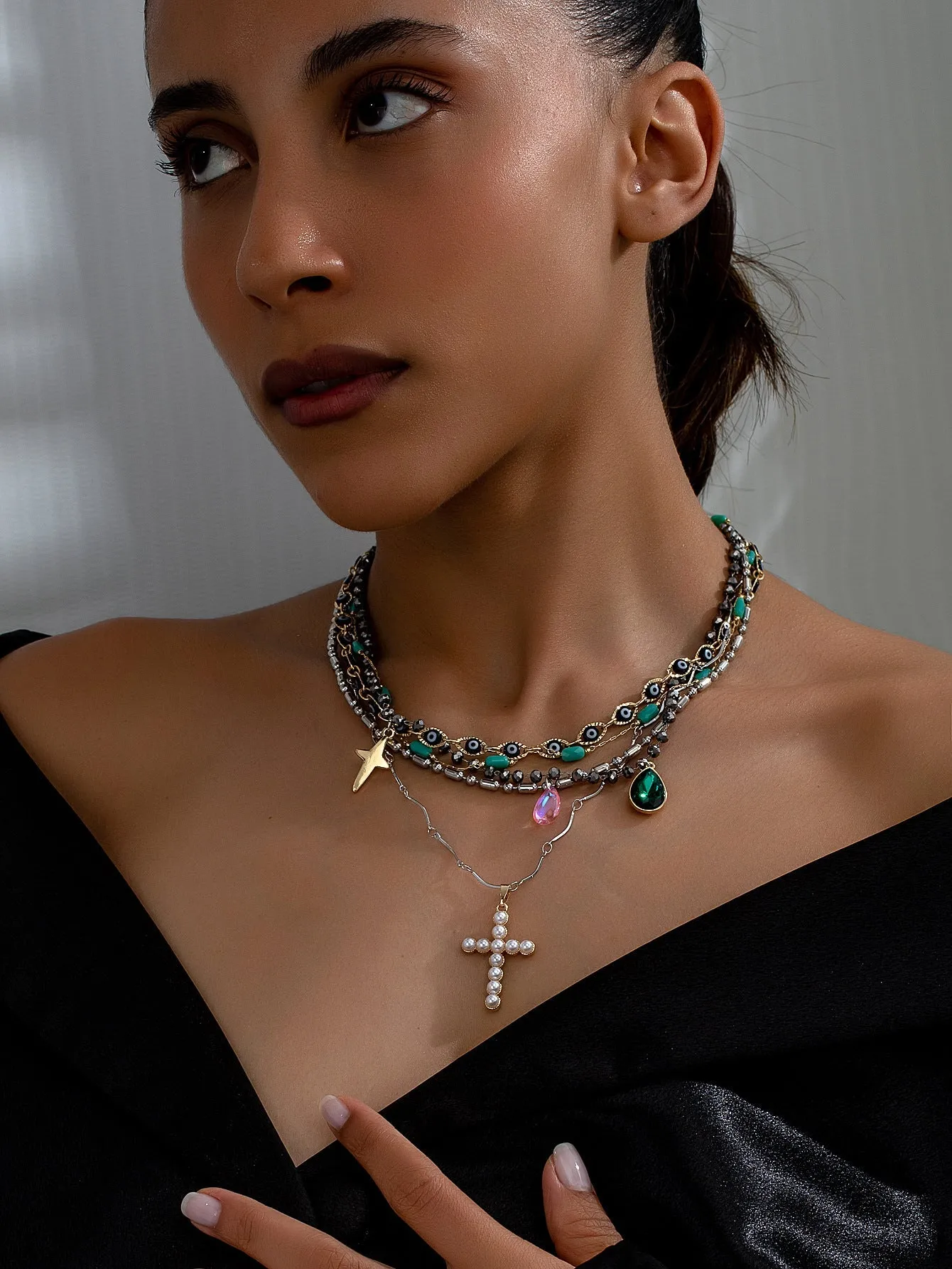 Heavy Layered Cross Pearl Elegant Necklace