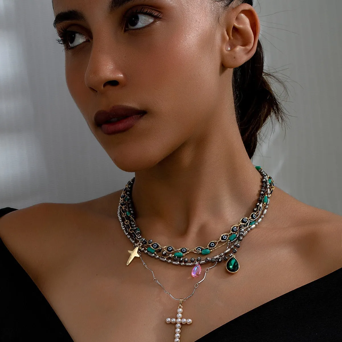 Heavy Layered Cross Pearl Elegant Necklace