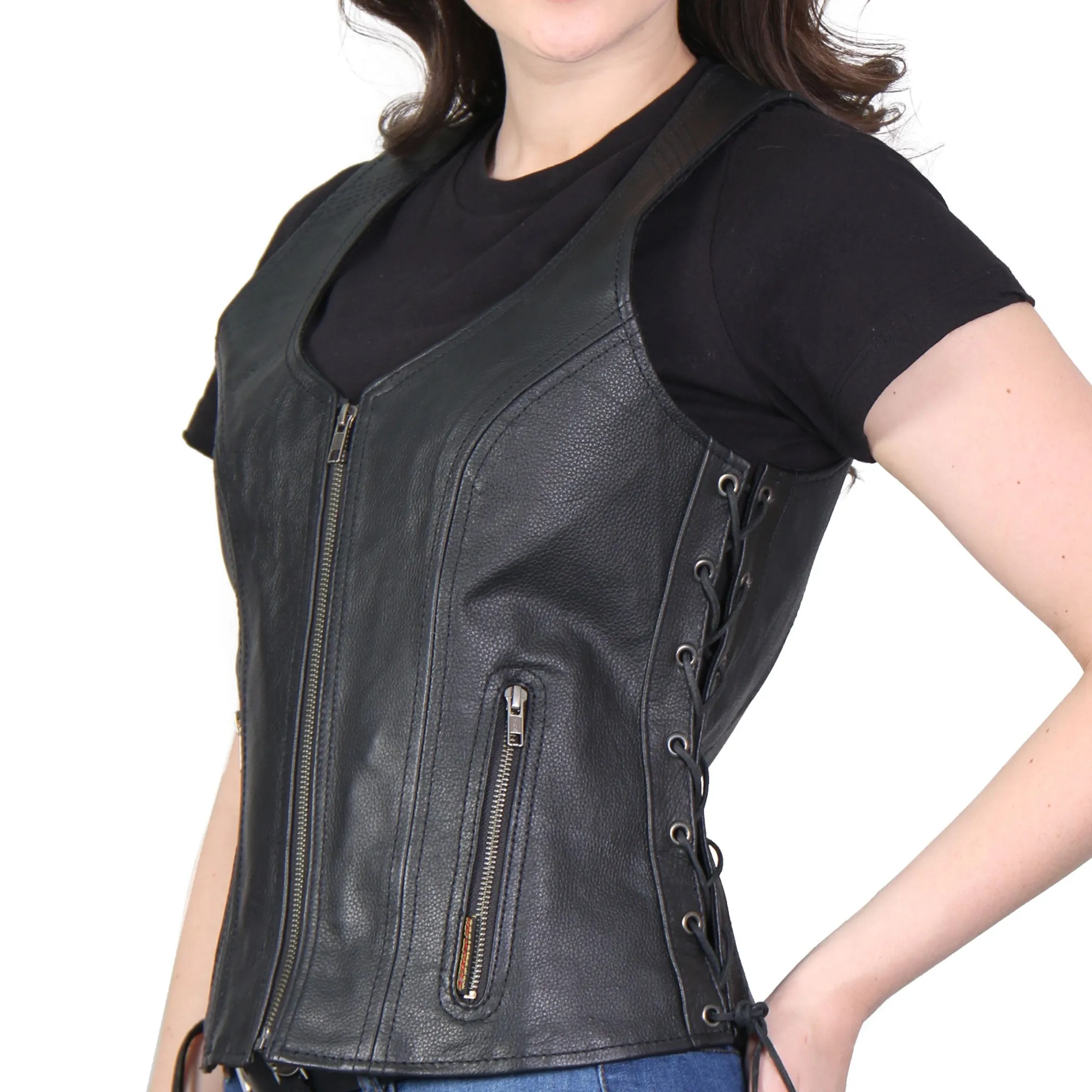 Hot Leathers VSL1013 Ladies motorcycle style Black Leather Side Lace Zip-Up Biker Vest