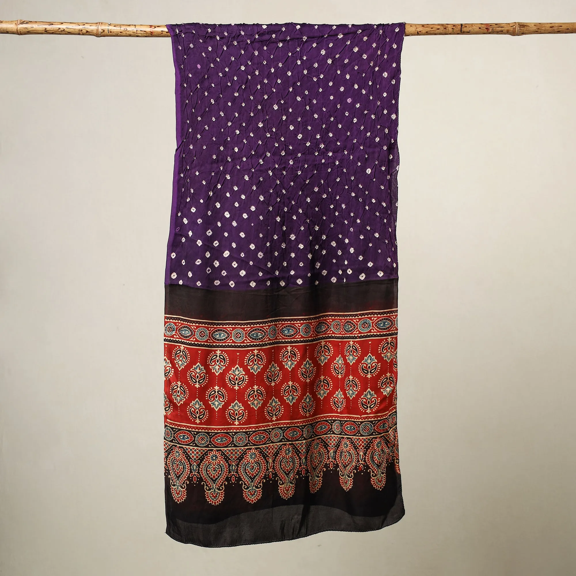 Multicolor - Kutch Bandhani Tie-Dye Ajrakh Block Printed Modal Silk Stole 05