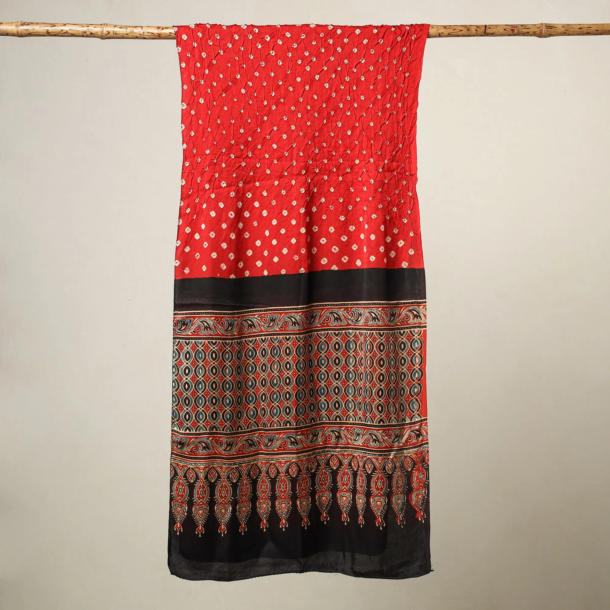 Multicolor - Kutch Bandhani Tie-Dye Ajrakh Block Printed Modal Silk Stole 07