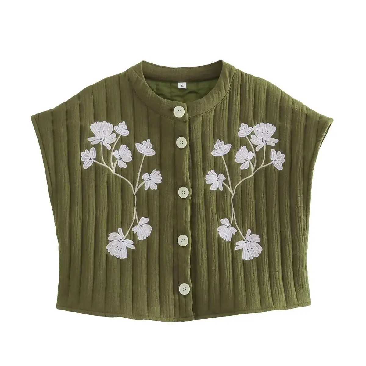 Olive Green Floral Embroidery Cotton Quilted Vests