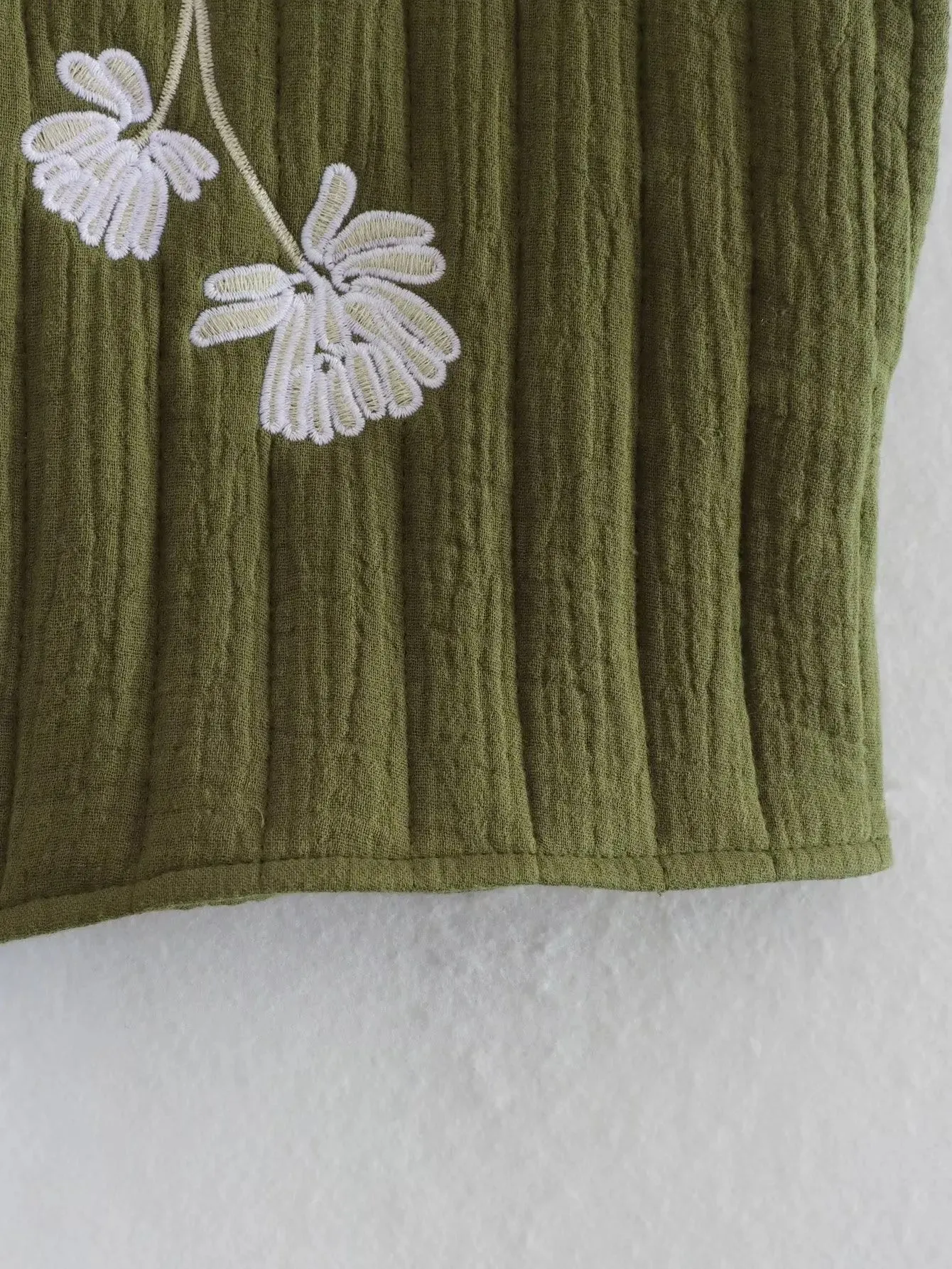 Olive Green Floral Embroidery Cotton Quilted Vests