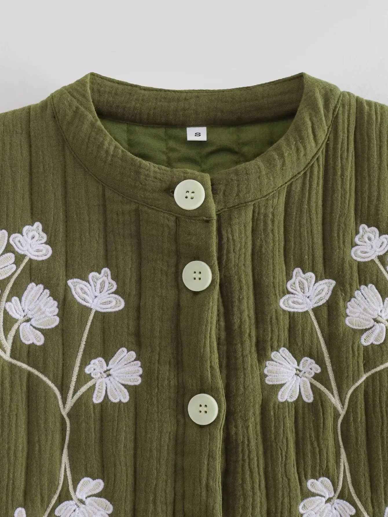 Olive Green Floral Embroidery Cotton Quilted Vests